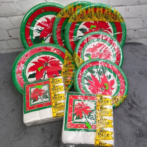 Vintage Christmas Plates Napkin Party Lot 230 pc Poinsettia Coated Red Green NIP - Picture 2 of 11